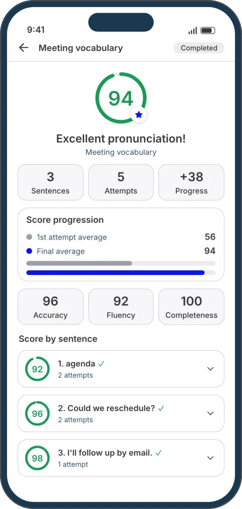 Tela do app com a nota de pronúncia de cada frase.