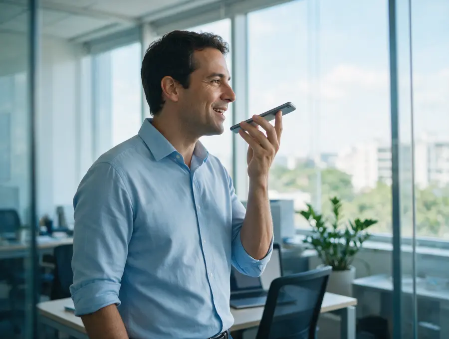 Profissional sorrindo enquanto pratica inglês por voz no celular, no escritório.